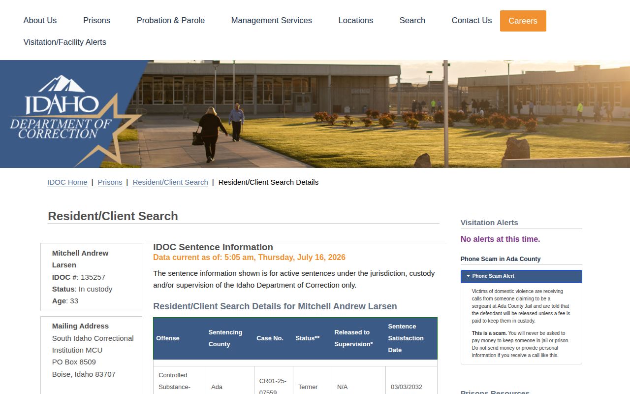 Washington County release date lookup showing Idaho parole eligibility fields