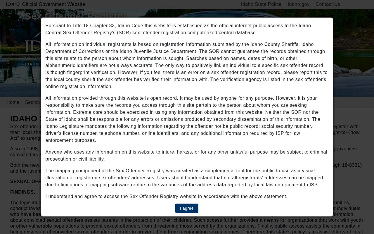 Idaho State Police official sex offender registry search interface