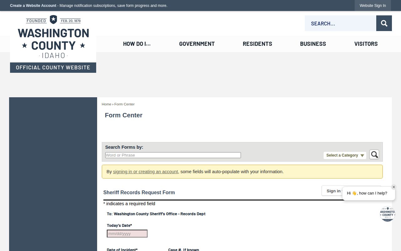 Washington County Sheriff formal records request page